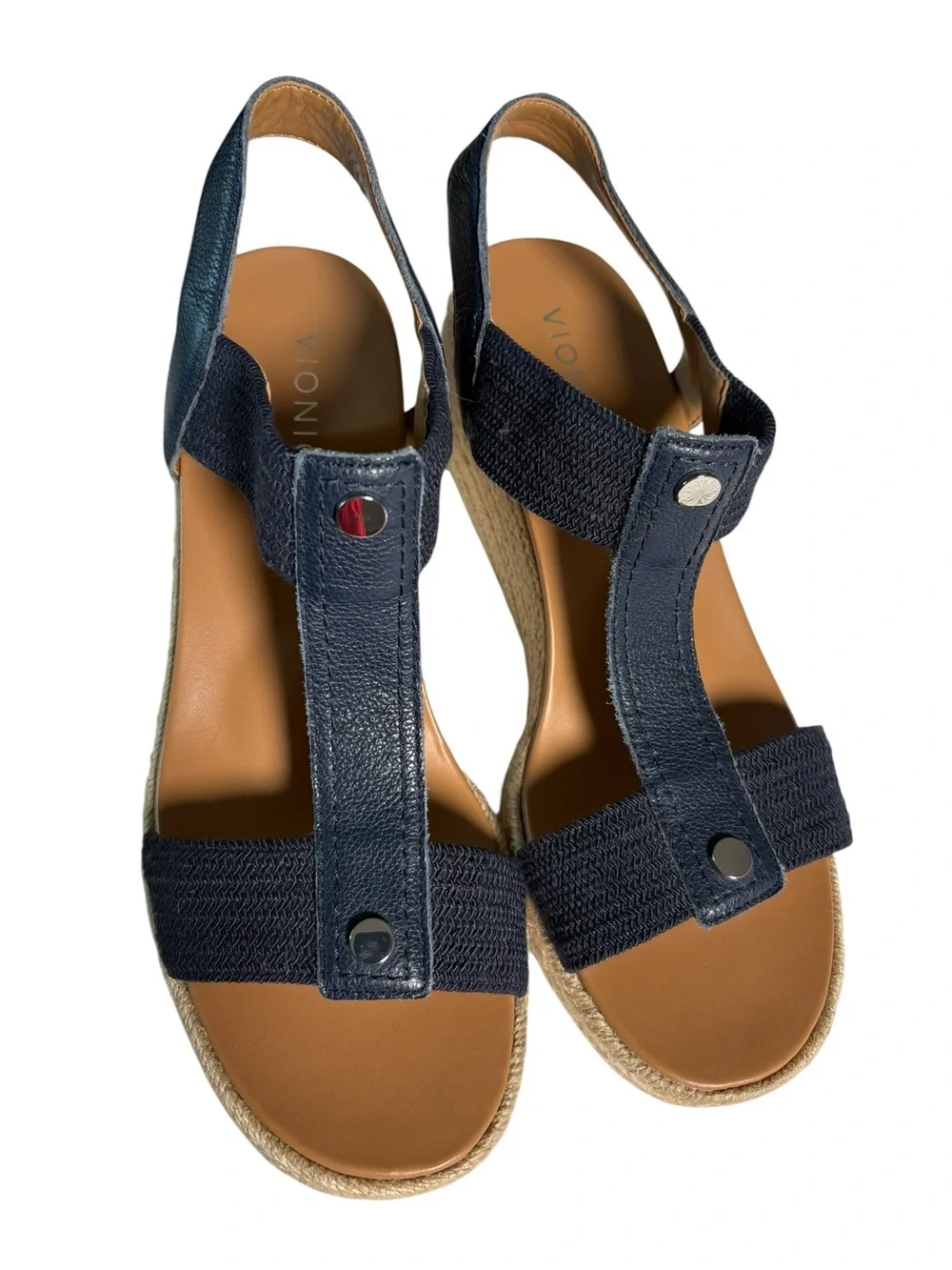 Vionic Calera Navy T Strap Jute Espadrille Wedge Sandal Sz 10